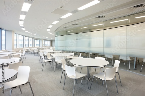 Modern white office with circular tables