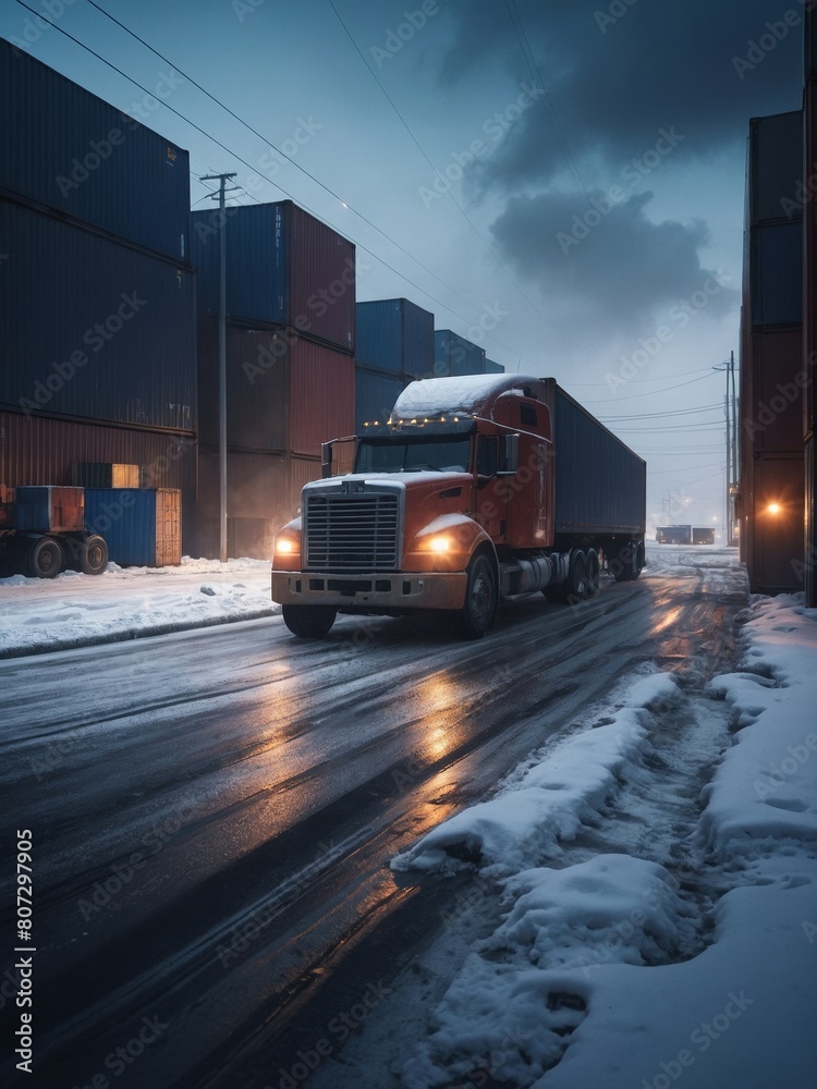 Snow-covered Northern Logistics HubTrucks and Warehouse Operations.