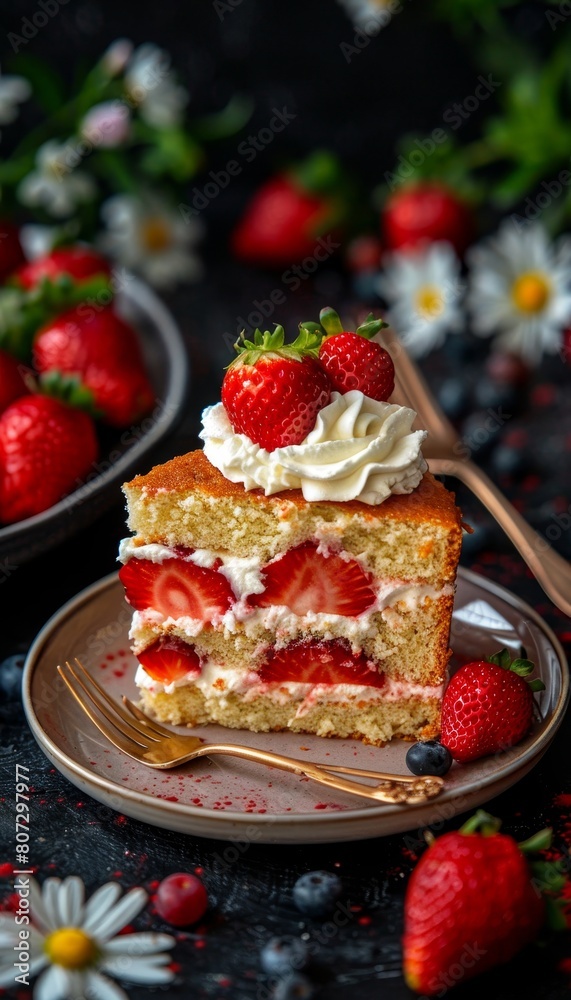 Homemade strawberry sponge cake slice with fresh berries and whipped cream on a plate