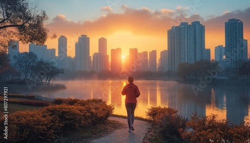 Jogger against a backdrop of sunrise and city photo