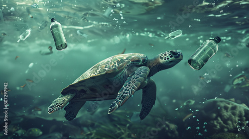 Sea turtle swimming among plastic debris in a polluted ocean. © tiagozr