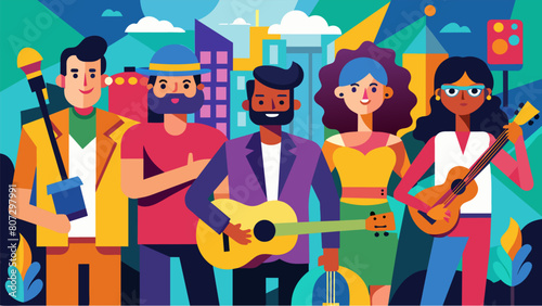Against a backdrop of colorful street art a group of artists pose with musical instruments embodying the vibrant and eclectic sound of a world music Vector illustration