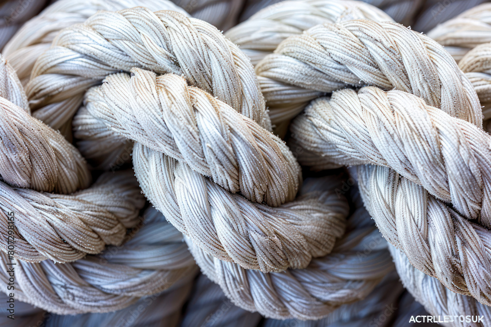 Detailed view of a tangled knot of thick white and gray yarn fibers Detailed view of a tangled knot of thick white and gray yarn fibers
