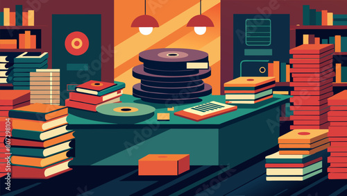 Stacks of records were tered throughout the shop making it feel like a treasure trove waiting to be explored.. Vector illustration