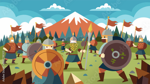In a sprawling field surrounded by onlookers Viking warriors reenact the epic Battle of Stamford Bridge their shields and axes held high.. Vector illustration