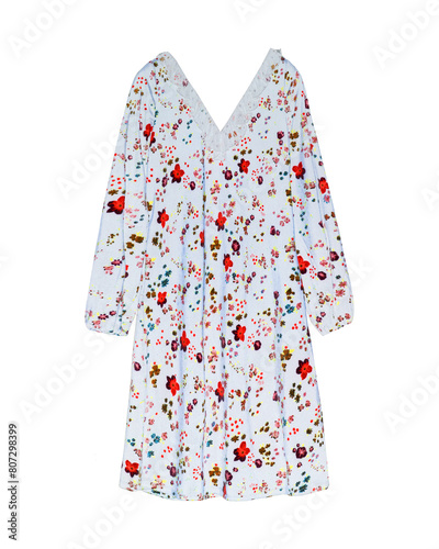 White floral warm nightdress with long sleeves isolated on white background