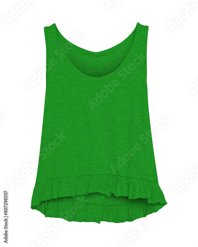 Dark green women summer blank sleeveless t-shirt with flounce isolated on white