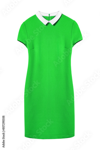 Chartreuse light green modern casual dress with a collar isolated white