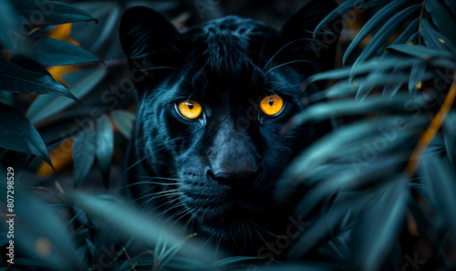 A black panther with piercing yellow eyes peers out from a bed of green leaves  in its natural habitat