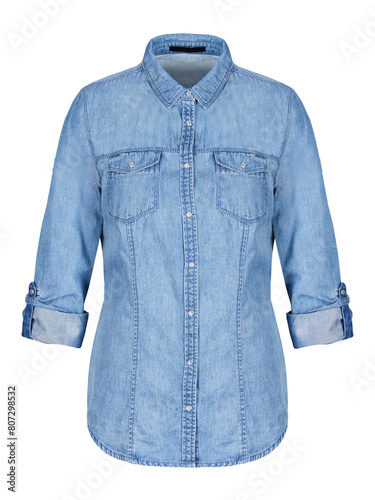 Womans blue denim shirt on invisible mannequin isolated on white