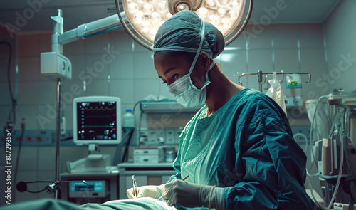 A female surgeon in scrubs and a mask operates on a patient in an operating room. Medical equipment surrounds them