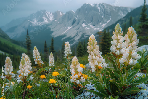 A field filled with colorful wildflowers stretches towards majestic mountains in the background © reddish