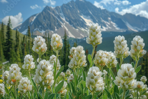A field of white flowers blooms vibrant against a mountain backdrop © reddish