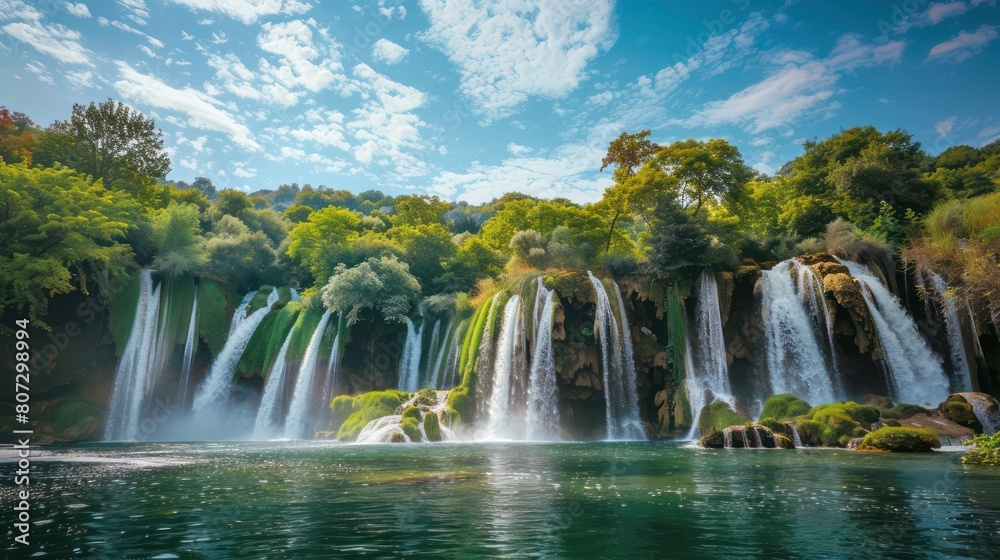 Fototapeta premium Beautiful waterfall on the plain. Mountain valley waterfall. view of waterfall in green valley