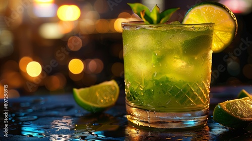 Cold Lime Juice in a Glass  Bright Green  Dewy Texture  Blurred Night City Background  Space for Vibrant Nightlife Ads