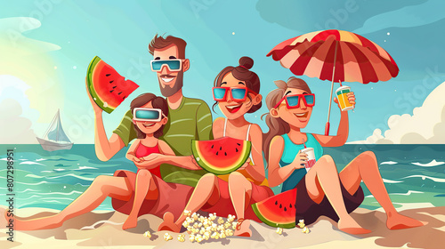happy man, woman and children sitting on the beach by the sea with watermelon, popcorn and drinks