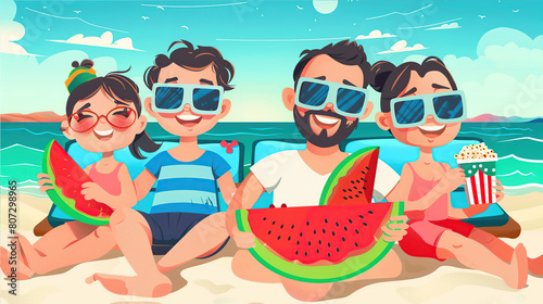 happy man, woman and children sitting on the beach by the sea with watermelon, popcorn and drinks