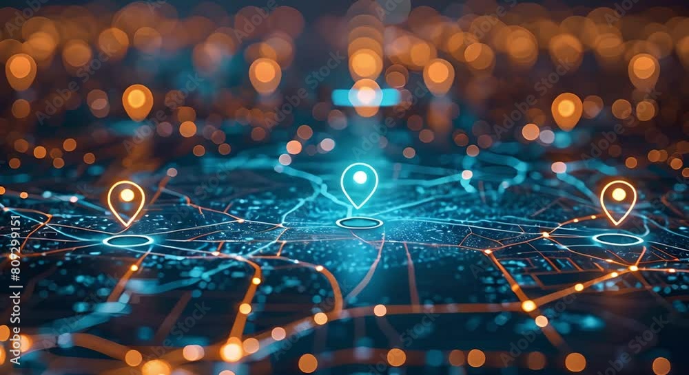 Digital map with location pins symbolizing global network connectivity and geolocation. Concept Digital Mapping, Global Connectivity, Location Pins, Geolocation, Network Connectivity