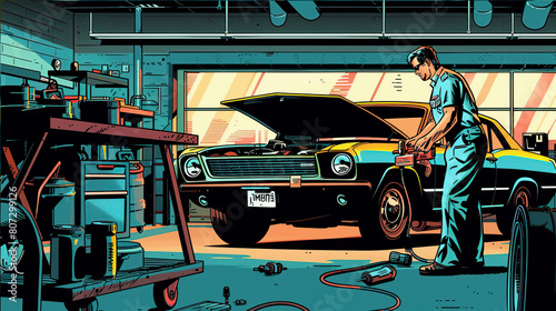 a man in work clothes repairs a car in an auto repair shop