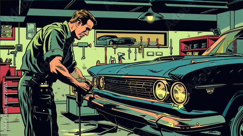 a man in work clothes repairs a car in an auto repair shop