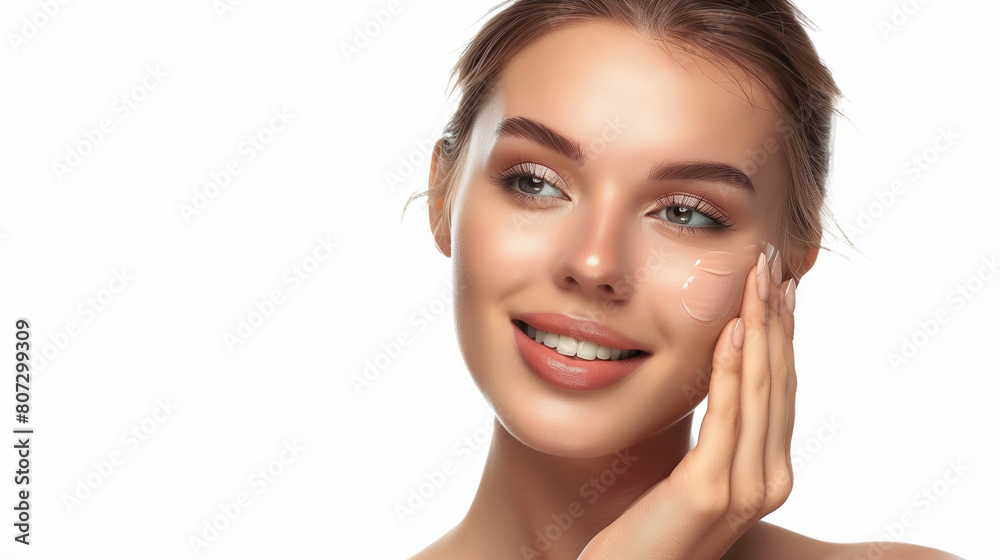 Photo of beautiful woman with happy face expression, perfect clean skin touching her cheek and smiling isolated on white background. Beauty concept for spa or skincare brand banner ad. Photo of beautiful woman with happy face expression, perfect clean skin touching her cheek and smiling isolated on white background. Beauty concept for spa or skincare brand banner ad.