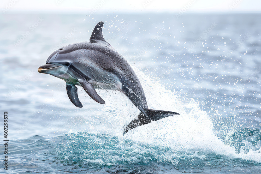 Obraz premium A dolphin jumping out of the water with splashes around it