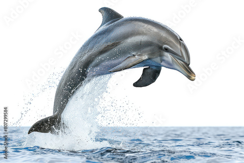 A dolphin leaps gracefully out of the water with its body arched, highlighting its sleek form against the sky