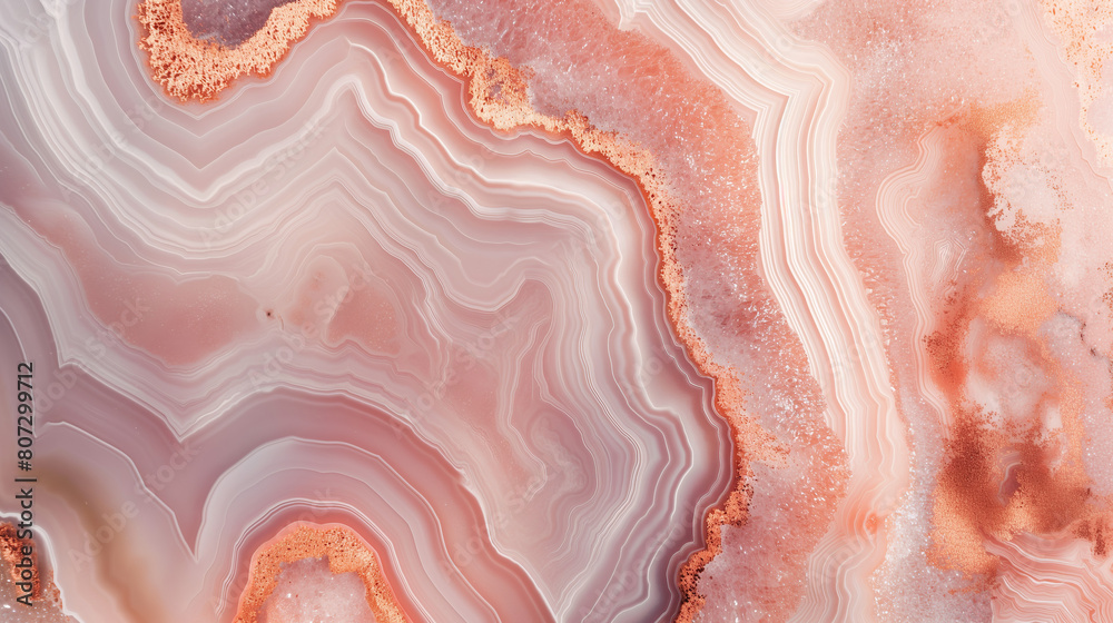 closeup of rose gold agate surface, showcasing its intricate patterns and textures. The soft pink hues create an elegant background for design projects that add luxury to your brand or product