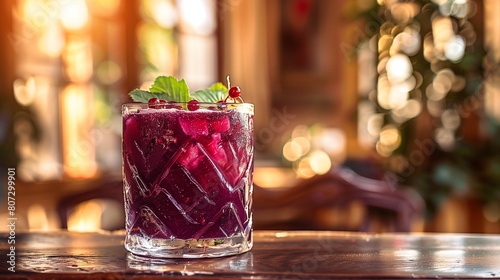 Chilled Elderberry Juice, Deep Purple, Soft Focus on a Blurred Vintage Parlor Background, Perfect for Antique Charm Ads