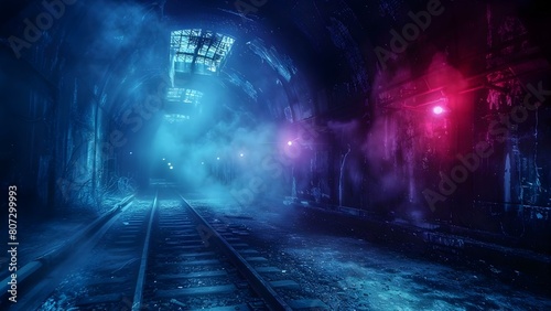 Ghosts and broken lights in dimly lit subway tunnel. Concept Supernatural Encounters, Abandoned Subways, Haunted Locations, Mysterious Occurrences photo