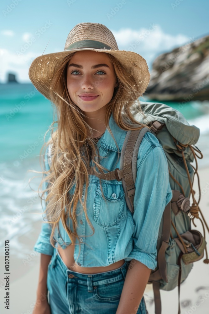 Woman With Backpack on Beach