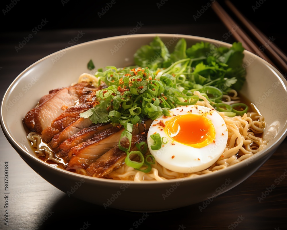 Closeup of a steaming hot bowl of ramen with noodles, softboiled egg, green onions, and slices of pork, in a rich broth Closeup of a steaming hot bowl of ramen with noodles, softboiled egg, green onions, and slices of pork, in a rich broth