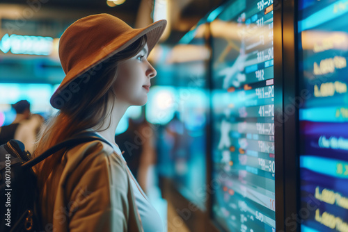 woman traveller checking flight schedule departures board in airport terminal hall
