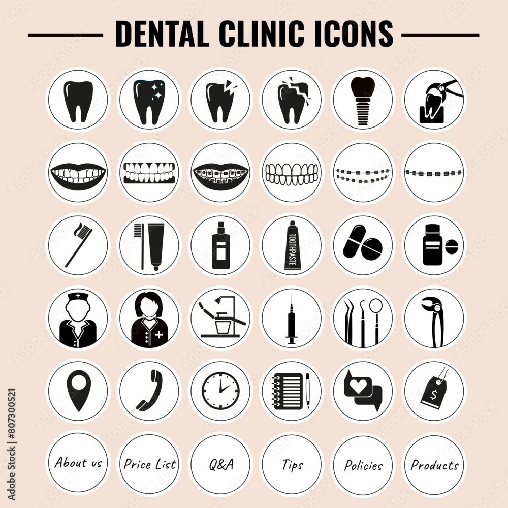 Dental clinic highlights covers. Dentist cabinet icons for social media .Toothbrush, toothpaste, caries, veneers, tooth whitening, implant, calculus, orthodontics. Flat monochrome dentistry icons set,