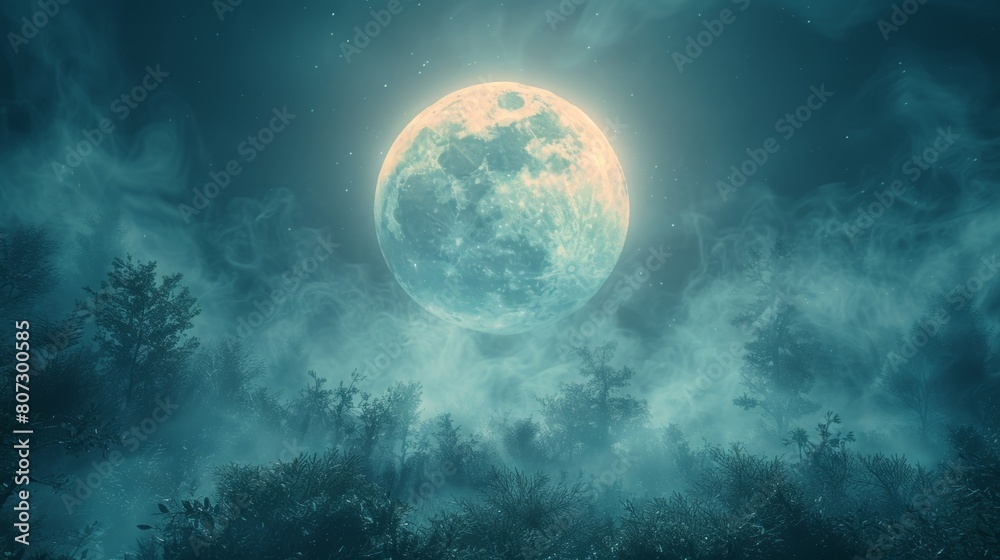 An abstract natural background, with a full moon in night, and a mysterious misty forest, with copy space.