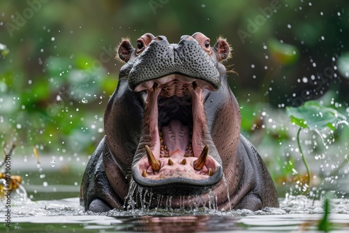 Wild and Fierce: Angry Hippopotamus Displaying Dominance  photo