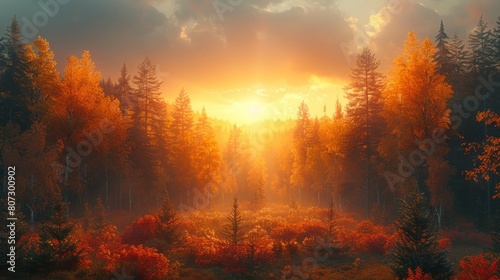 A beautiful autumn landscape with a forest and sun  illustrating an idyllic autumn scene.