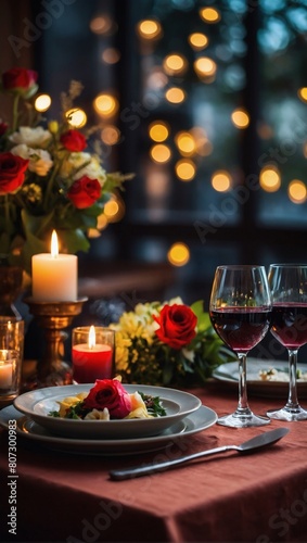 Charming Dinner Scene, Fresh Flowers, Red Wine, and Candle Glow Set the Mood
