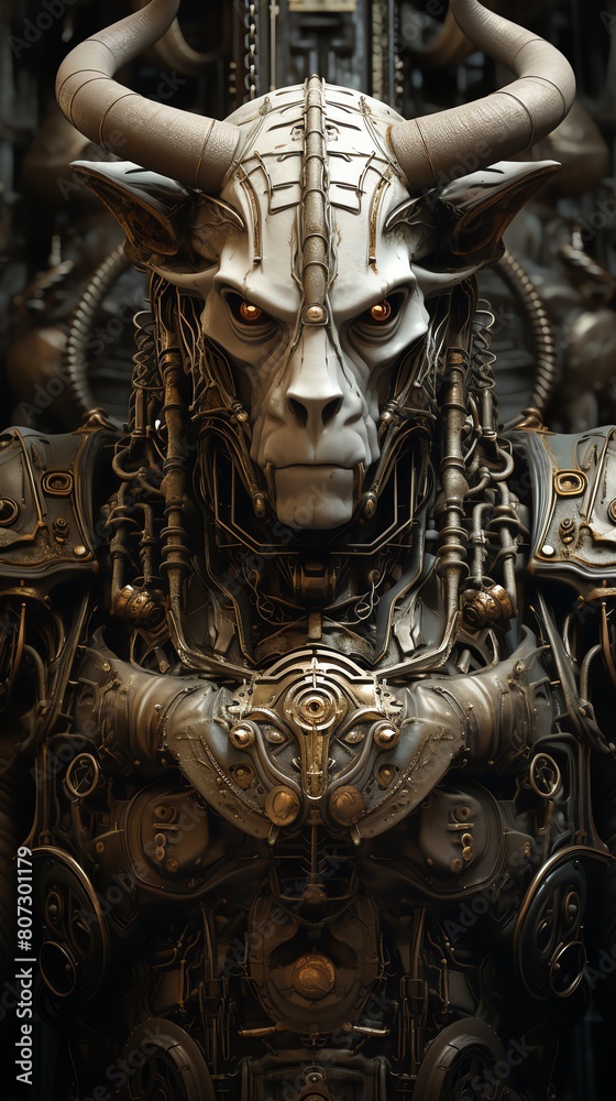 Explore the realm of Greek myths through a robotic Minotaur in a labyrinth, combining sculptural elements with sleek digital renderings in a compelling worms-eye view composition