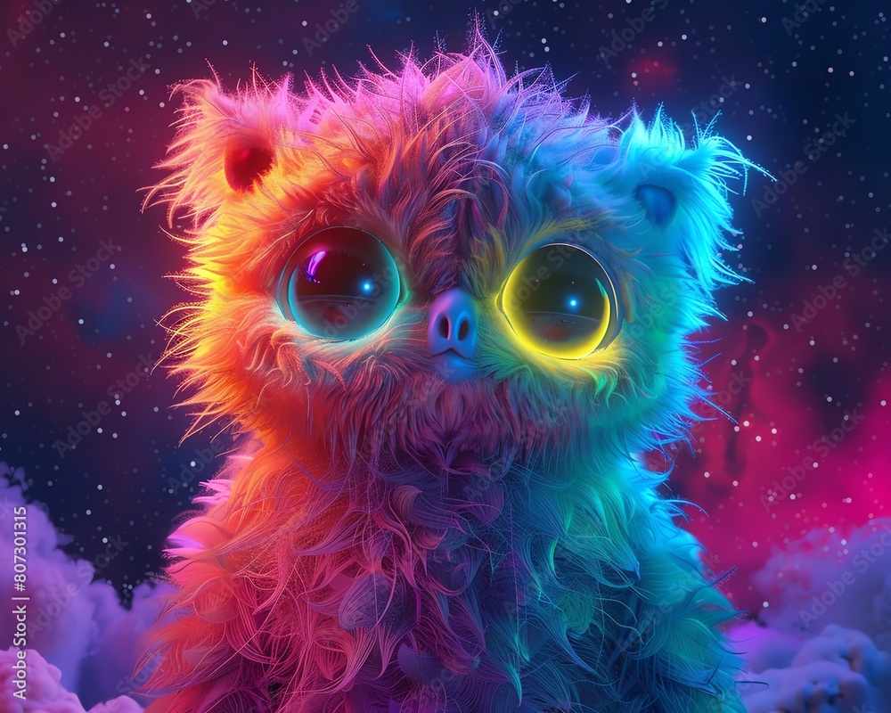 Fantasy scifi illustration of a cute, furry alien creature with large eyes, glowing in neon colors against a starry outer space background
