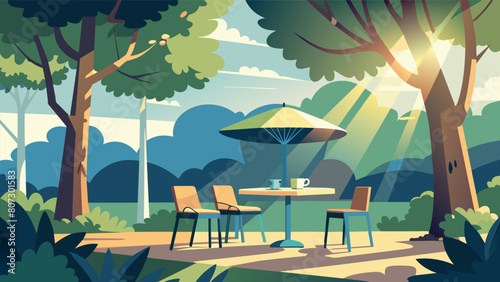 The dappled sunlight filters through the trees at an outdoor café where a poetry reading creates a serene and magical atmosphere for the coffee.