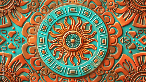 Intricate Aztec Sun Stone Replica with Vibrant Turquoise and Orange Detailing