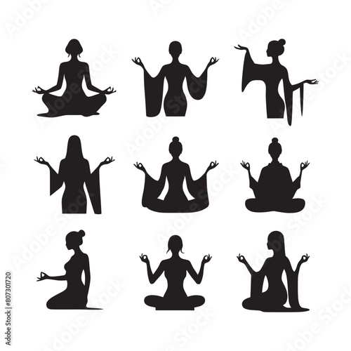 woman doing yoga and fitness exercises. Healthy lifestyle. Set of vector silhouette illustrations.