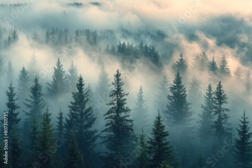 A fog-covered forest in the Carpathian Mountains, with dense trees shrouded in mist creating a mysterious atmosphere photo