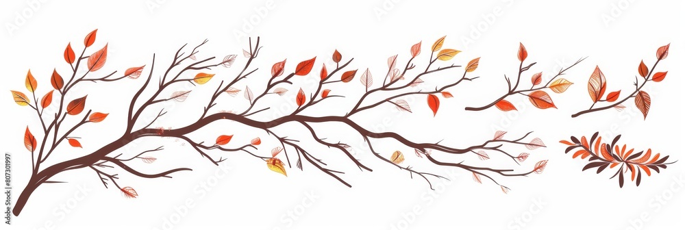 Branches drawing set, sketched autumn twigs, leaves, floral design elements, botany pictures