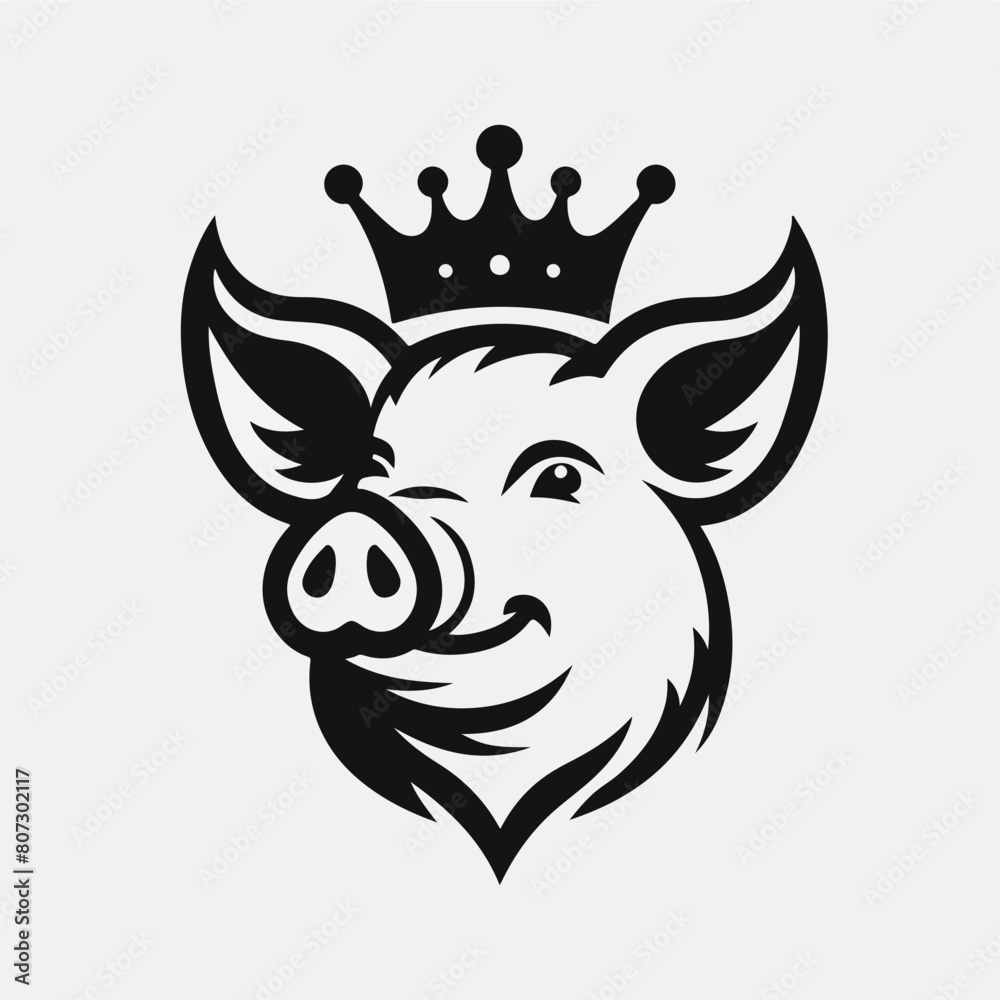 Sign crown king pig. Isolated black silhouette pig on white background. Vector illustration