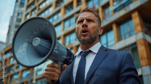 Man in Suit and Tie Holding Megaphone