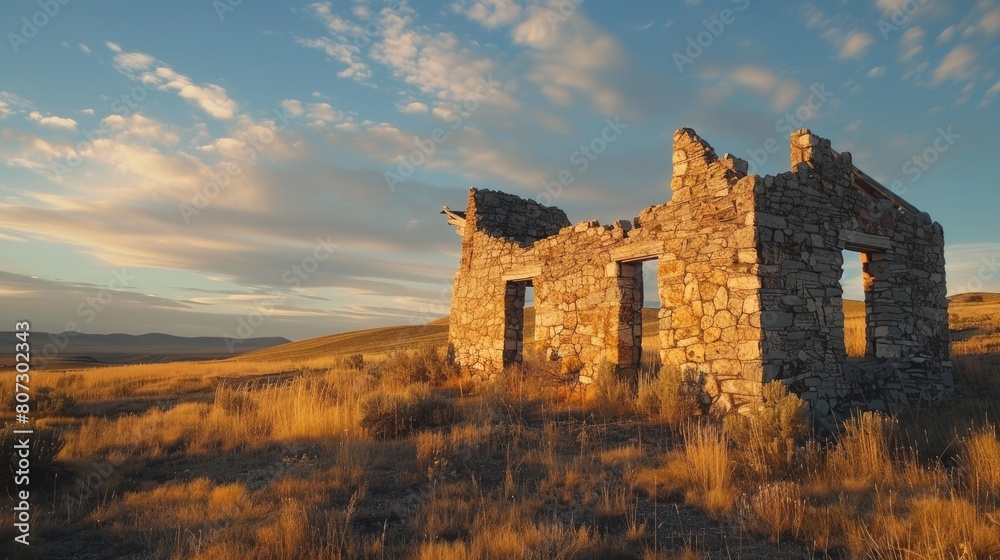 The Abandoned Stone Ruins of Desert: A Majestic Sunset Landscape Amidst Historic Building