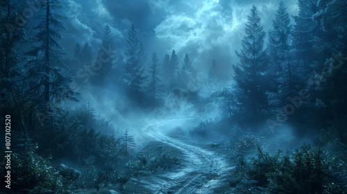 In the dark of an autumn forest, a path is illuminated by a fog at night. A shows this path...
