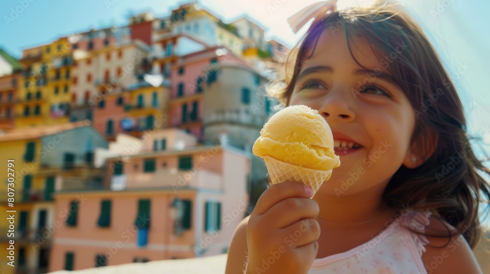 A young girl is enjoying a refreshing ice cream by the water, combining the ingredients of leisure, fun, and travel in a picturesque scene of summer bliss AIG50